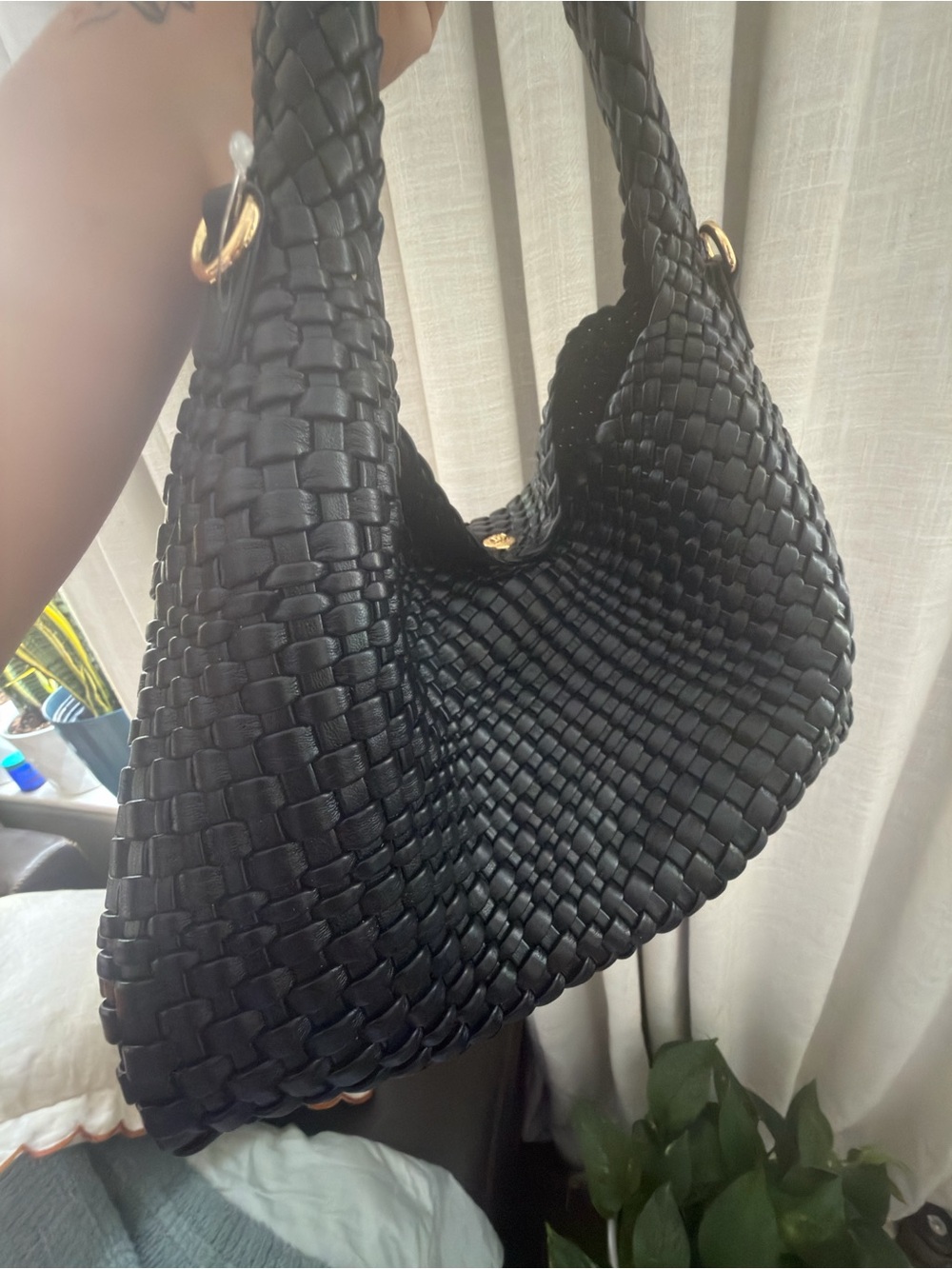 Dune London Black Woven Shoulder Bag with Gold Hardware